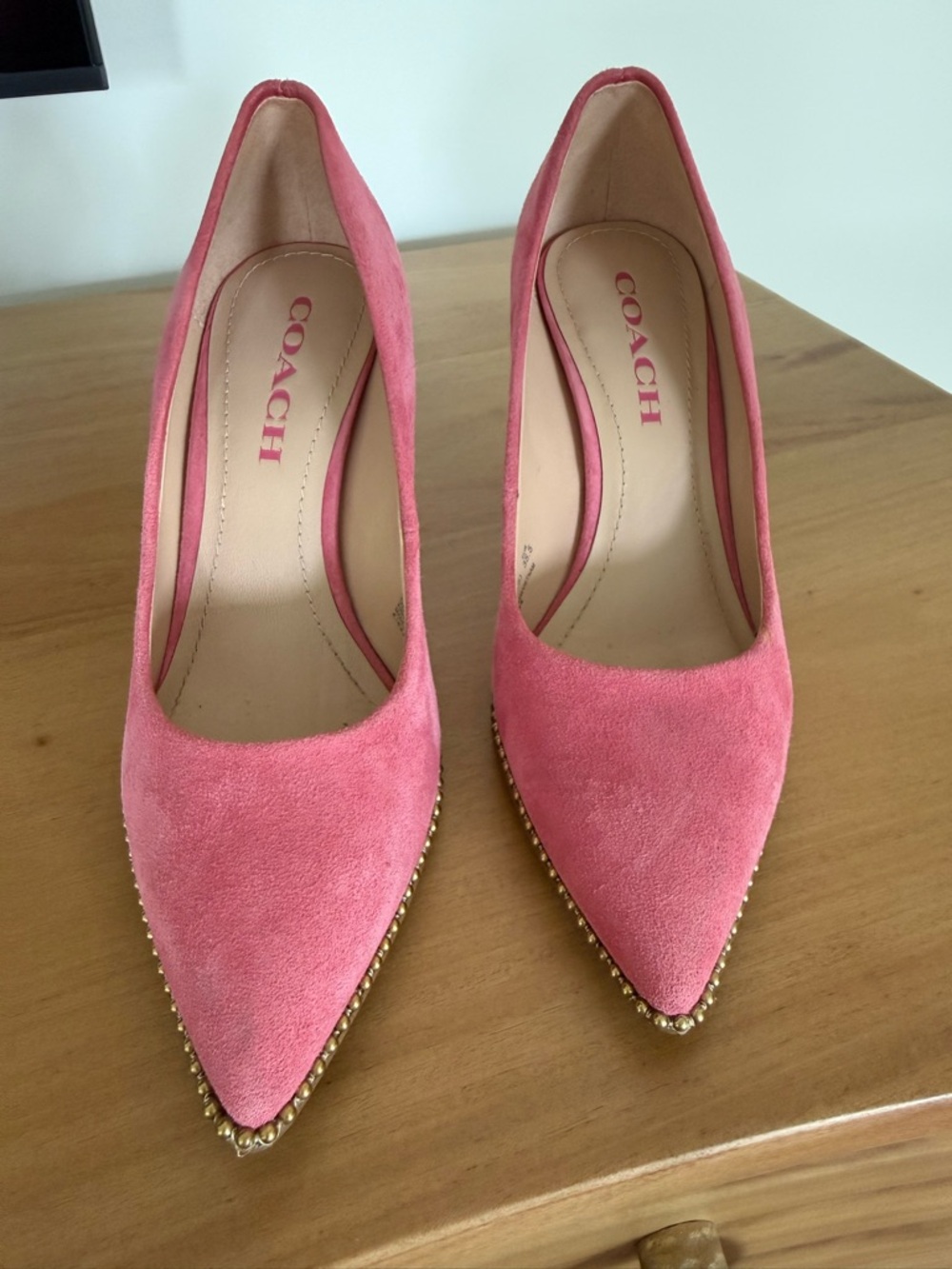 Coach Pink Suede Pointed Toe Pumps with Gold Bead Trim